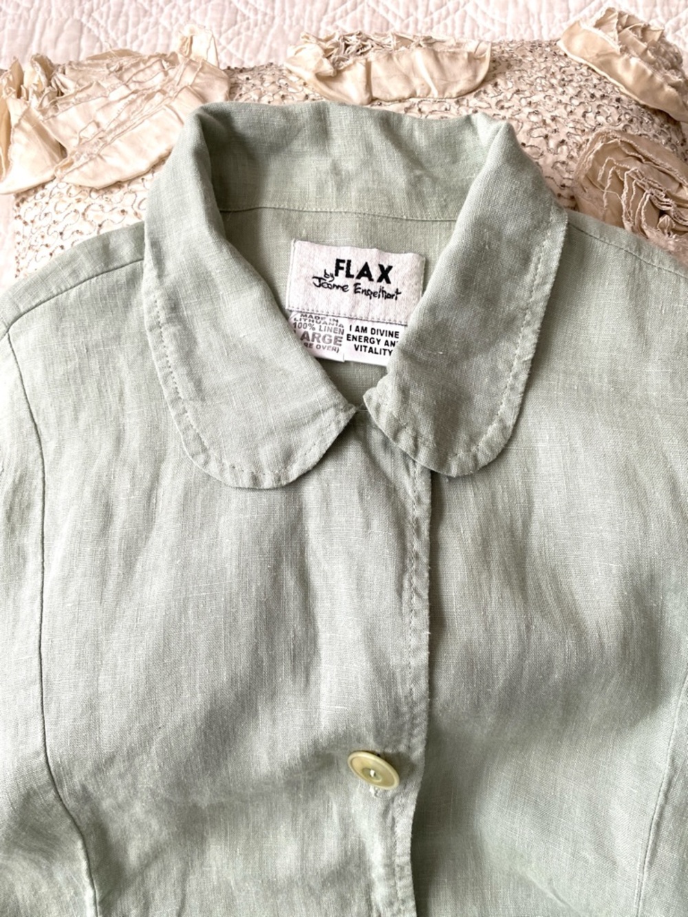 Flax 100% Sage Green Linen Button Front Tunic Shirt Top Long Sleeve Size L - Picture 3 of 16